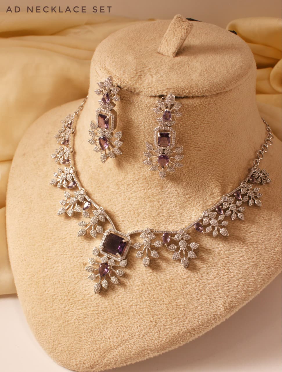 ✨ Floral American Diamond Necklace Set – 3 Elegant Colors (Pink, Purple, Green)